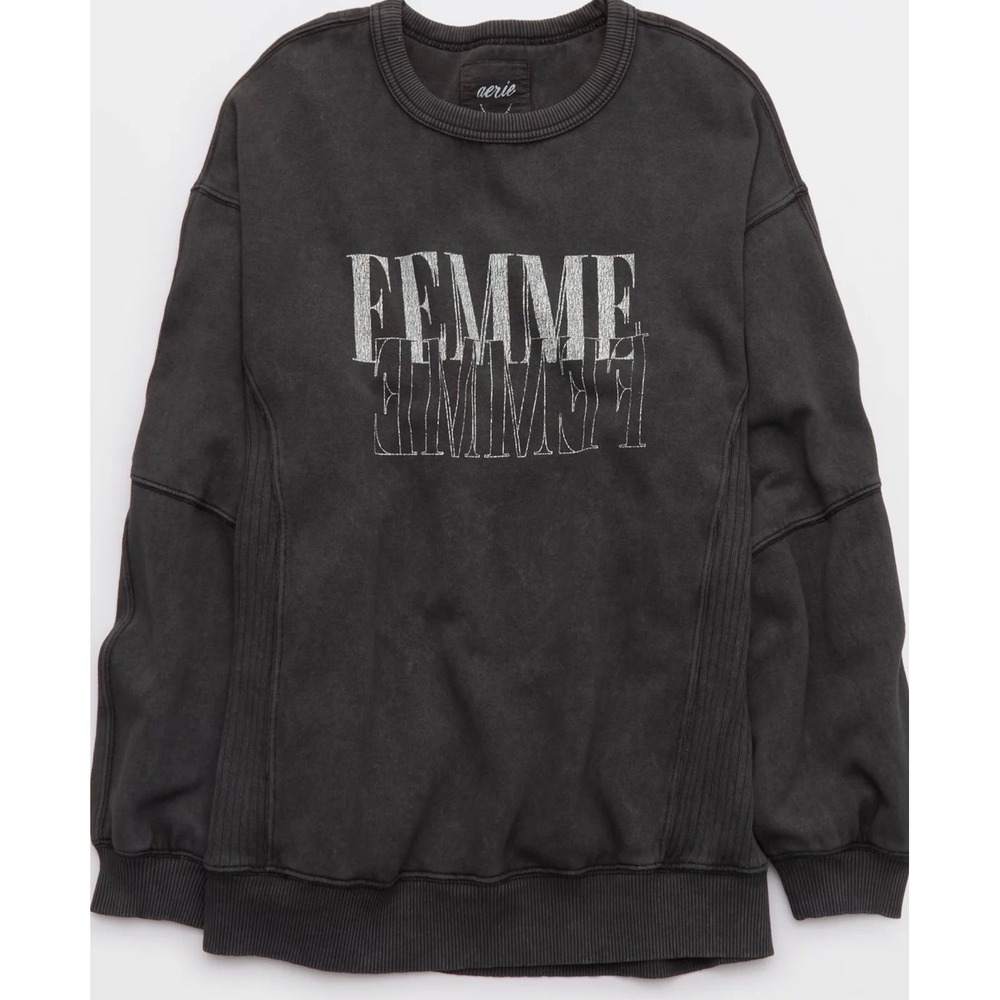 Aerie XXS Washed Black Femme Graphic Oversized Crewneck Sweatshirt Grunge
